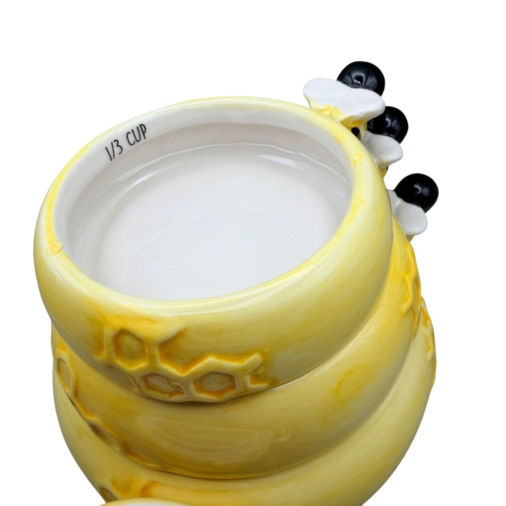 Ceramic Beehive Stacking Measuring Cups Set Yellow Honeycomb Bumblebee 4 Piece - Picture 6 of 9